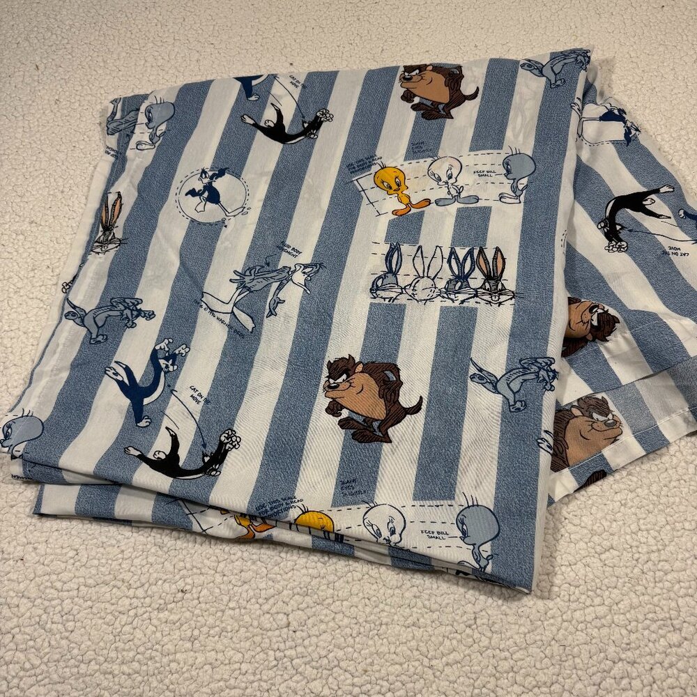 Looney Tunes Full Flat Sheet Blue Stripe Drawing Comics 1996 Vintage Bibb Co USA